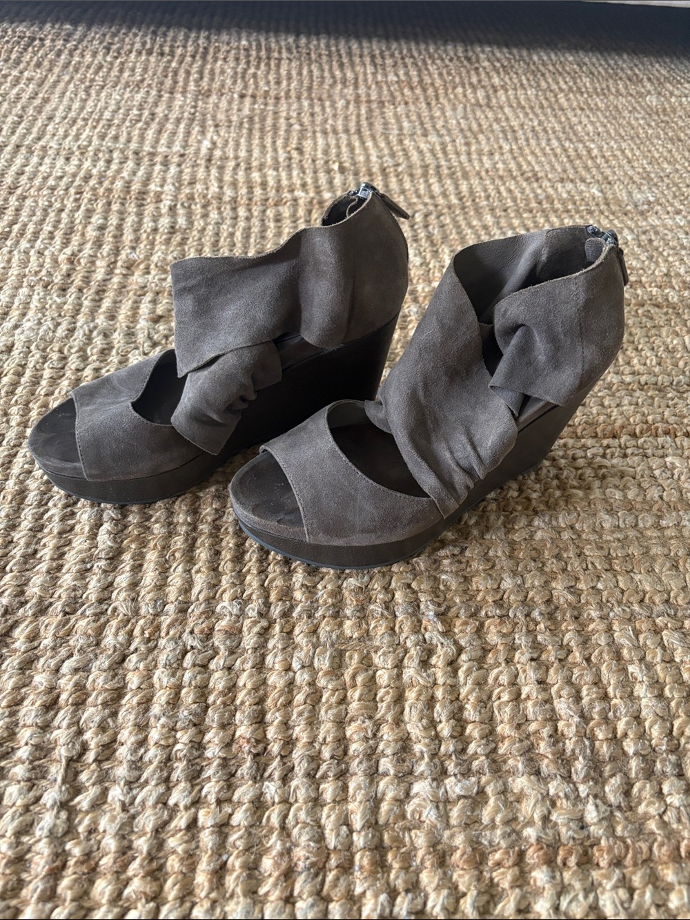 Eileen Fisher Charcoal Gray Suede Draped Wedge Sandals
